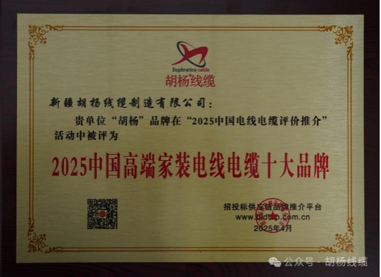 胡楊線纜2025中國高端家裝電線電纜十大品牌榮譽證書.jpg